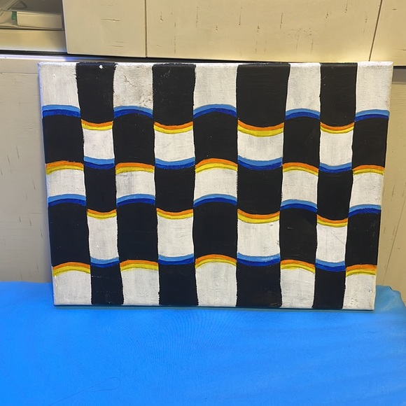Illusion painting on canvas. Colors:orange,yellow,blue,black and white - Picture 2 of 2